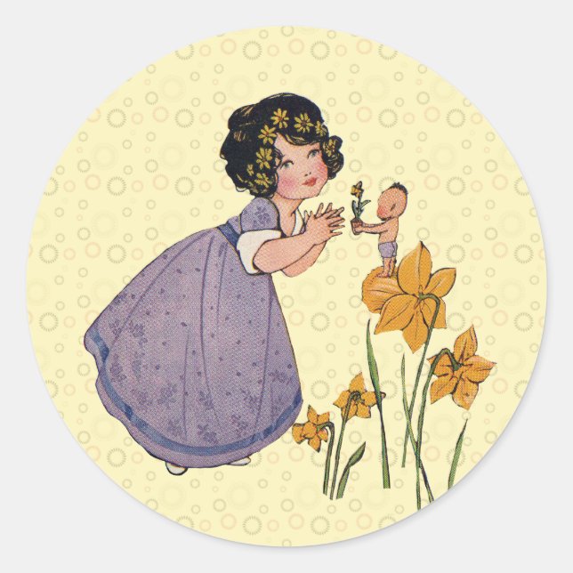 Girl Elf Fairy Daffodil Antique Easter Classic Round Sticker (Front)