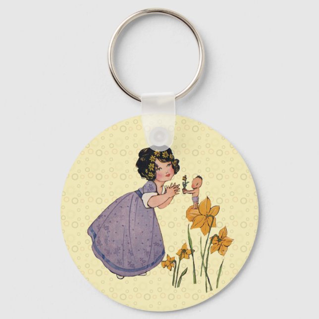 Girl Elf Fairy Daffodil Antique Easter Key Ring (Front)