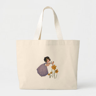 Girl Elf Fairy Daffodil Antique Easter Large Tote Bag
