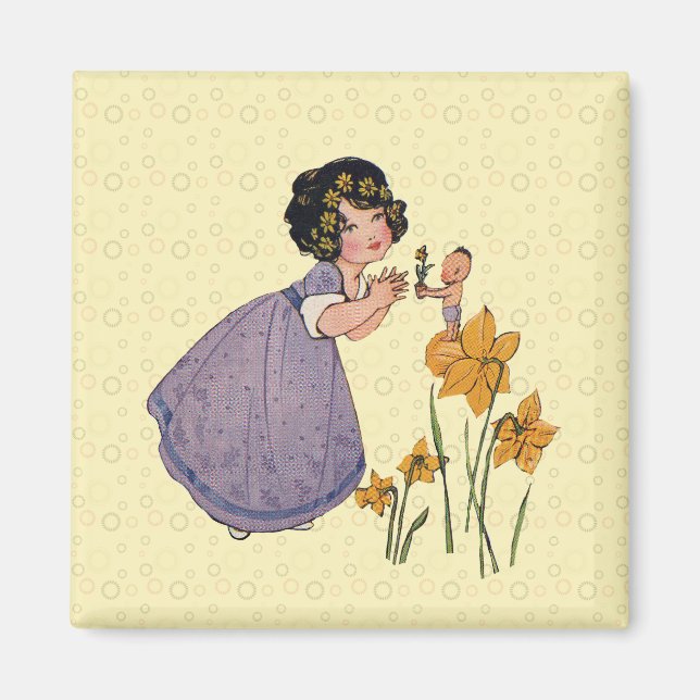Girl Elf Fairy Daffodil Antique Easter Magnet (Front)