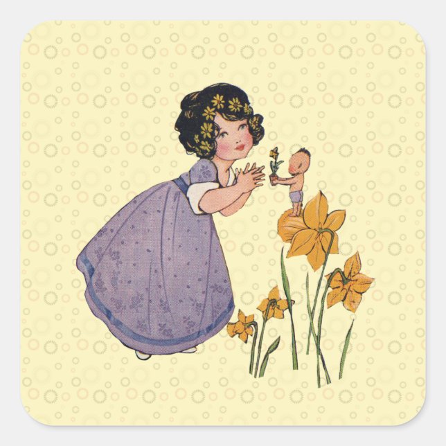 Girl Elf Fairy Daffodil Antique Easter Square Sticker (Front)