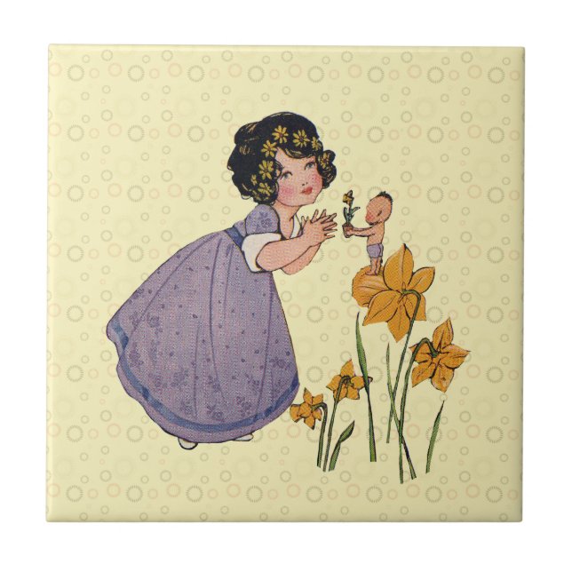 Girl Elf Fairy Daffodil Antique Easter Tile (Front)