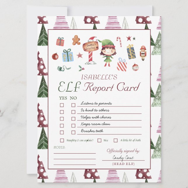 Girl Elf | Kids Christmas Elf Report Card (Front)