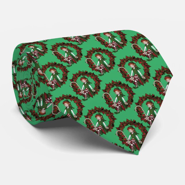Girl Elf On Poinsettia Wreath Christmas Holiday    Tie (Rolled)
