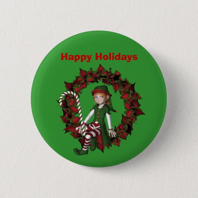 Girl Elf On Wreath Christmas Holiday Button Pin (Front)