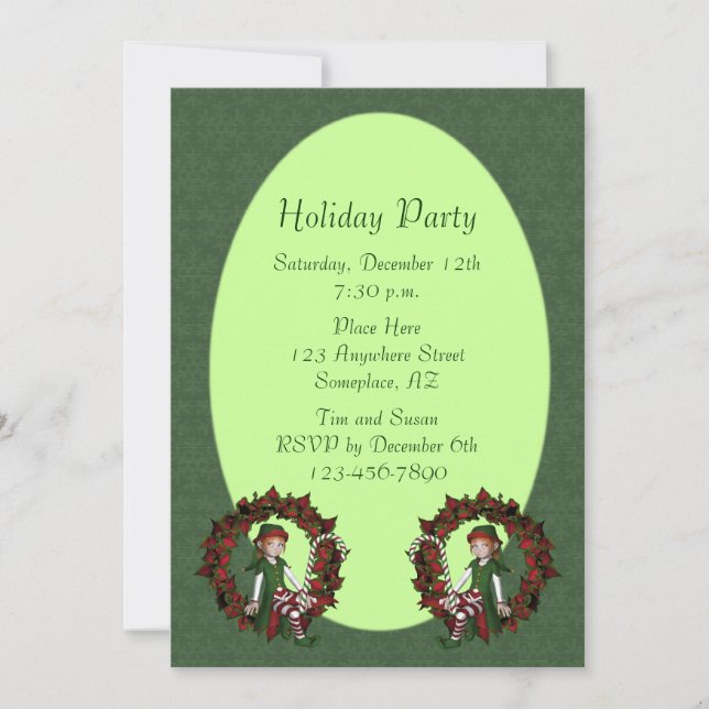Girl Elf On Wreath Christmas Holiday Invitation (Front)