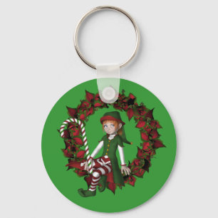 Girl Elf On Wreath Christmas Holiday Keychain