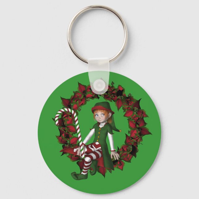 Girl Elf On Wreath Christmas Holiday Keychain (Front)