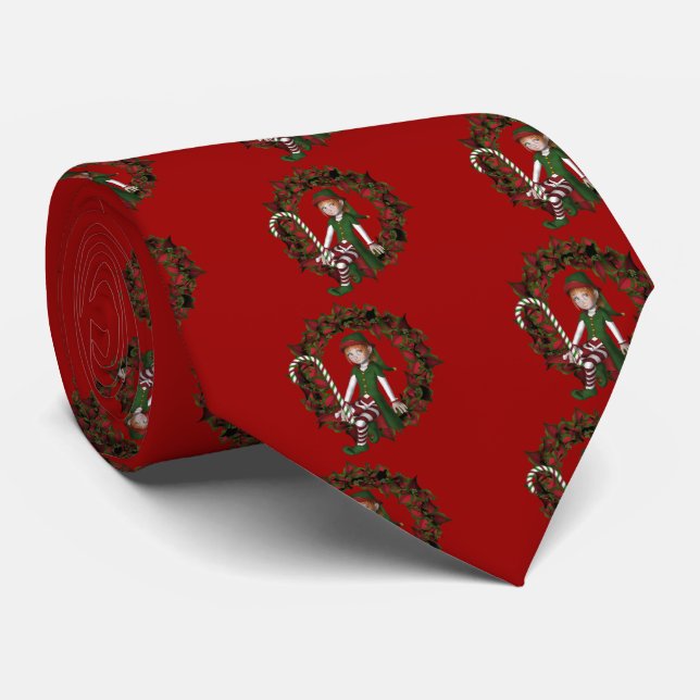 Girl Elf On Wreath Christmas Holiday Tie (Rolled)