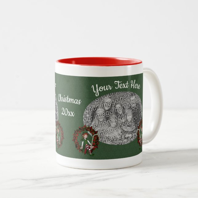 Girl Elf On Wreath Holiday Personalised Photo  Two-Tone Coffee Mug (Front Right)