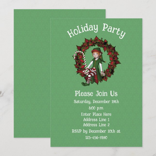 Girl Elf Poinsettia Wreath Christmas Holiday  Invitation (Front/Back)