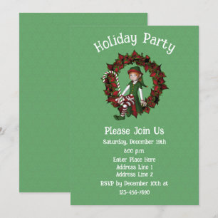 Girl Elf Poinsettia Wreath Christmas Holiday  Invitation