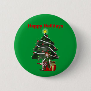 Girl Elf Tree Present Christmas Holiday Button Pin