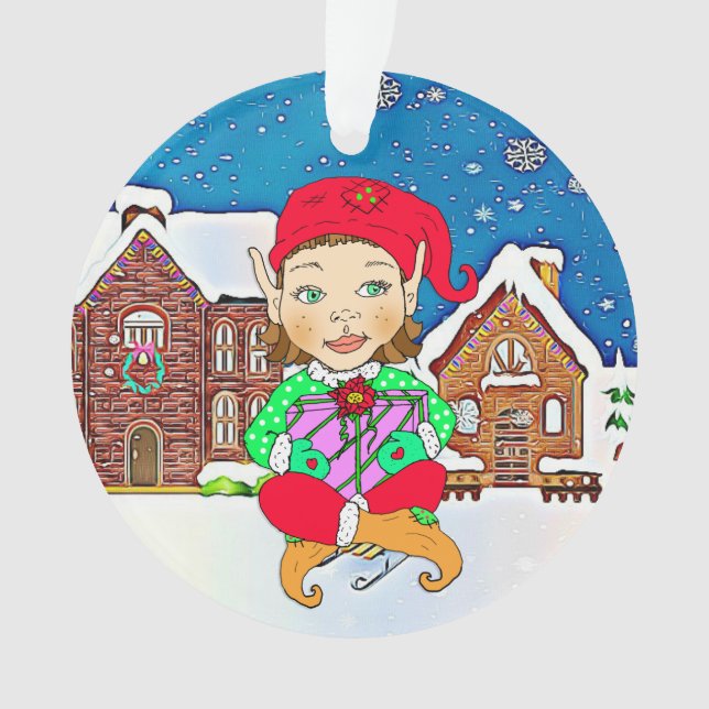Girl Elf Whimsical Personalised  Christmas Ornament (Front)