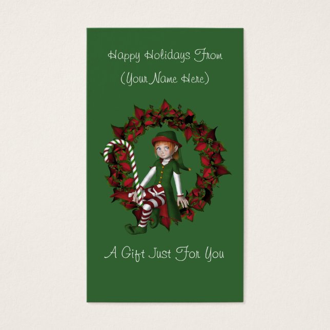 Girl Elf Wreath Christmas Holiday Gift Card Tag (Front)