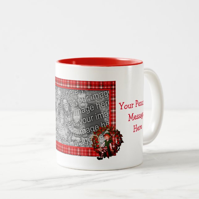 Girl Elf Wreath Christmas Photo Personalised Two-Tone Coffee Mug (Front Right)