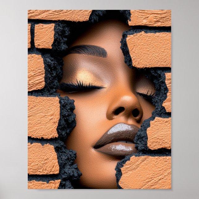 Girl Emerging Through Broken Brick Wall Poster (Front)