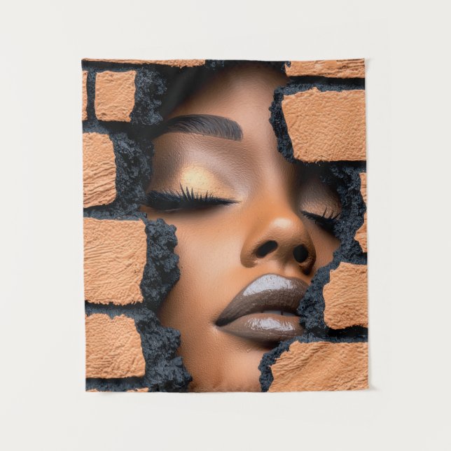 Girl Emerging Through Broken Brick Wall Tapestry (Front)