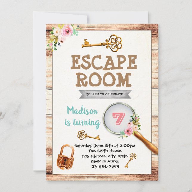 Girl escape room party invitation (Front)