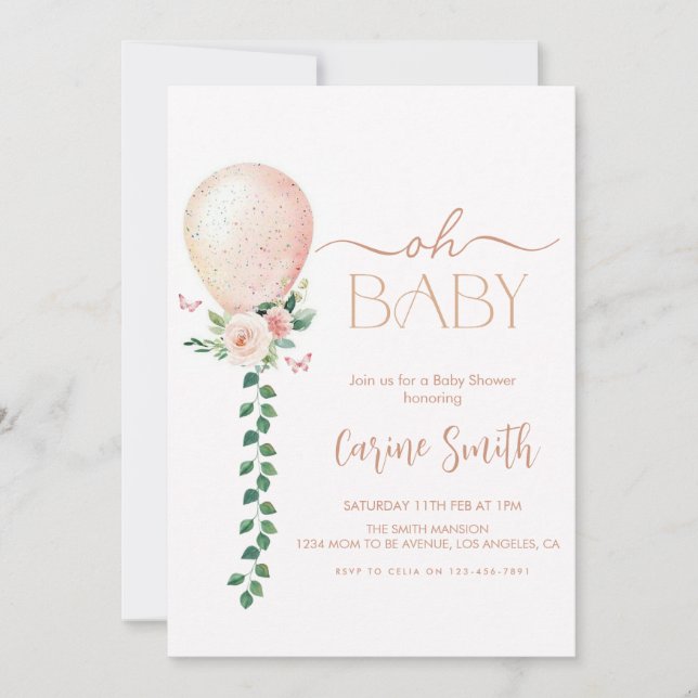 Girl Eucalyptus Greenery Balloon Baby Shower Invitation (Front)