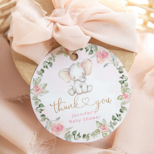 Girl eucalyptus pink elephant baby shower favour tags