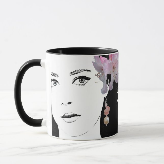 Girl face customizable floral fashion illustration mug (Left)
