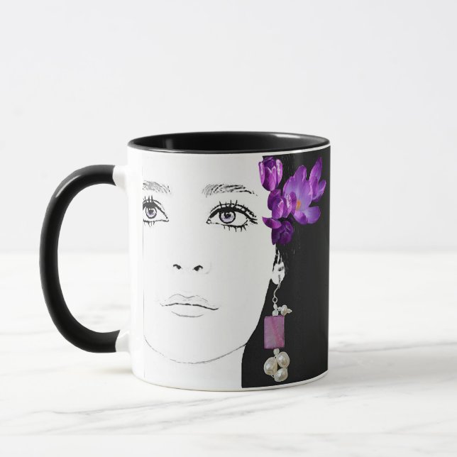 Girl face pretty purple crocus floral fashion art mug (Left)
