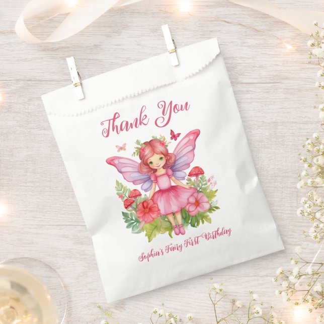Girl Fairy First Birthday Cute Pink Watercolor Favour Bags (Clipped)