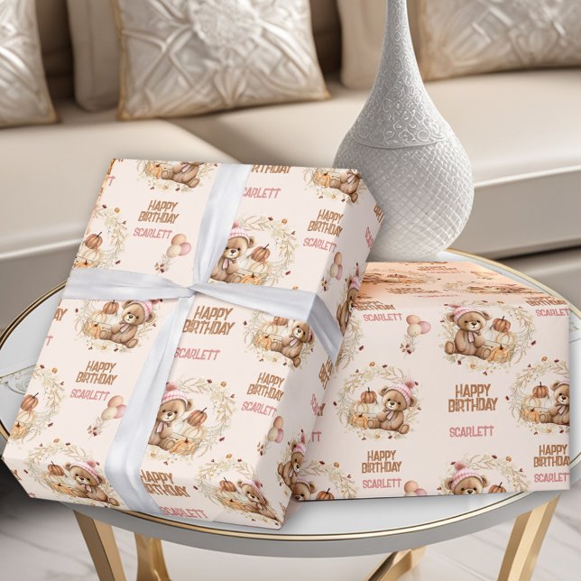 Girl Fall Autumn Cute Bear Text Name 2nd Birthday  Wrapping Paper (Girl Fall Autumn Cute Bear Text Name 2nd Birthday Wrapping Paper)