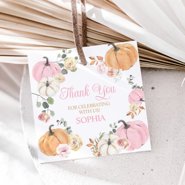 Girl Fall Pumpkin First Birthday Party Square Favour Tags (Girl Fall Pumpkin One First Birthday Party Square Favor Tags)