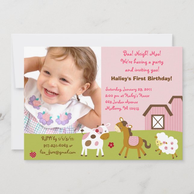 Girl Farm Animal Custom Photo Birthday Invitations (Front)