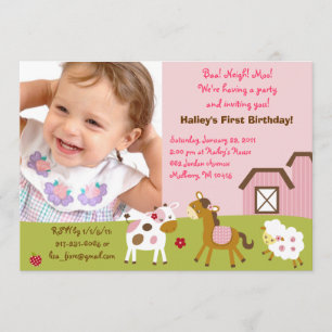 Girl Farm Animal Custom Photo Birthday Invitations