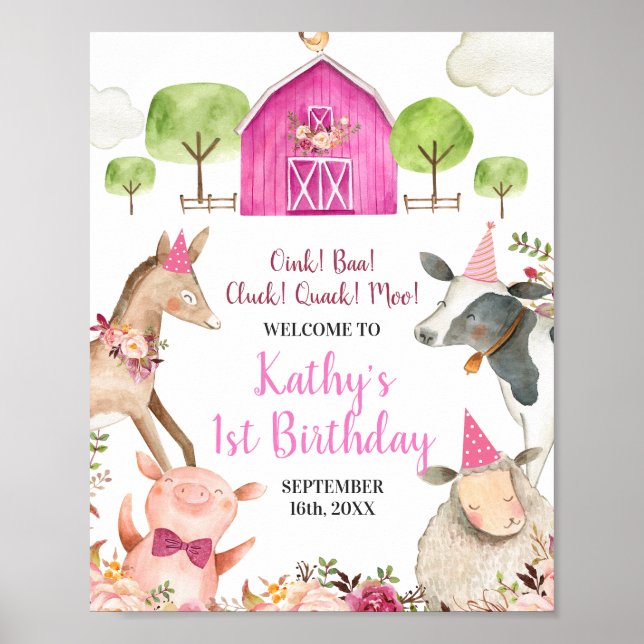 Girl Farm Animals Barnyard 1st Birthday Welcome Poster (Front)