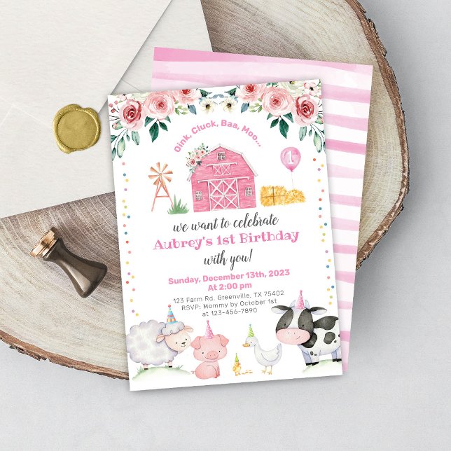 Girl Farm Animals Barnyard Birthday Invitation (Creator Uploaded)