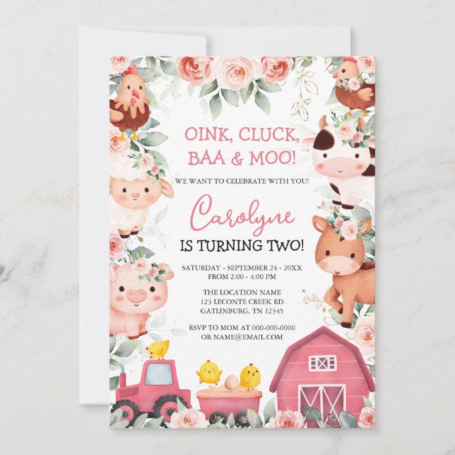 Girl Farm Animals Pink Barnyard Birthday Invitatio Invitation (Front)
