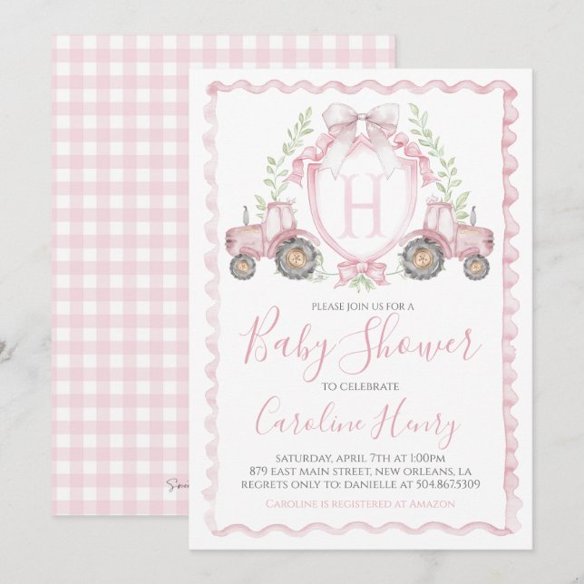 Girl Farm Baby Shower Gingham Pink Invitation (Front/Back)