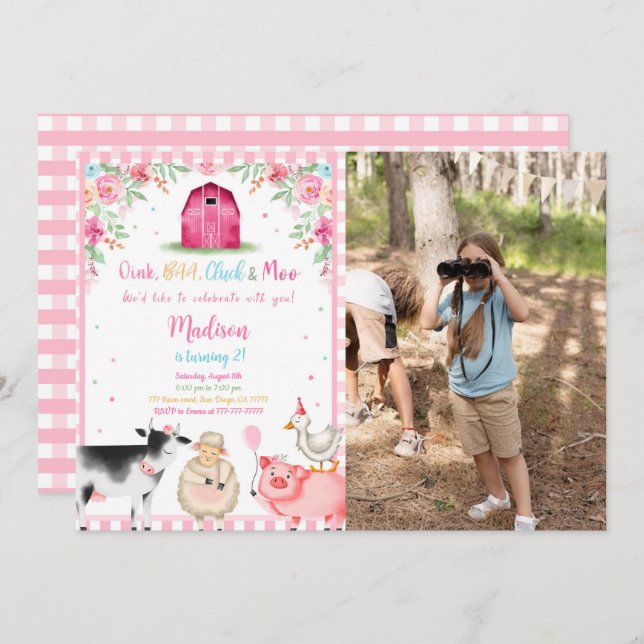 Girl Farm Birthday Party Photo Invitation (Front/Back)