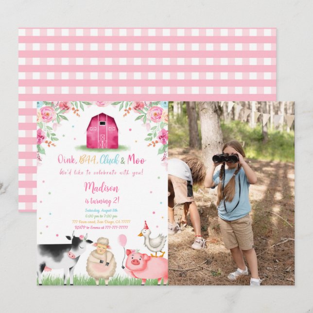Girl Farm Birthday Photo Invitation (Front/Back)