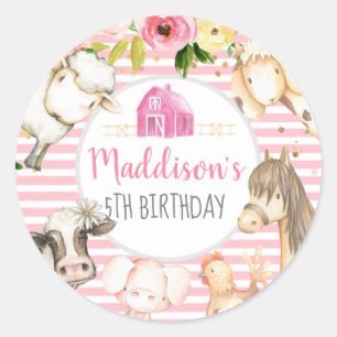 Girl Farm Birthday Stickers, Farm Favours Classic Round Sticker