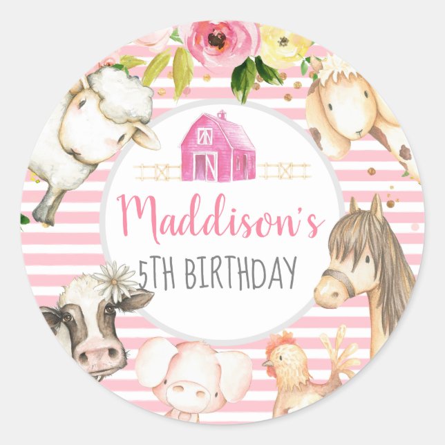 Girl Farm Birthday Stickers, Farm Favours Classic Round Sticker (Front)
