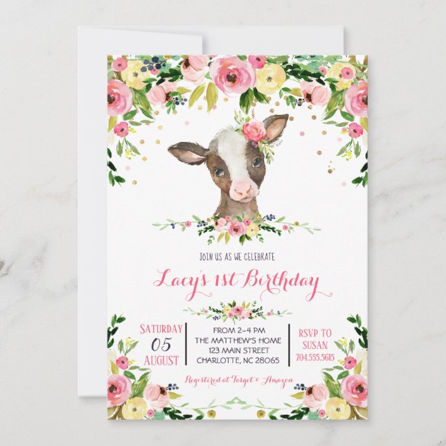 girl farm cow birthday invitation (Front)