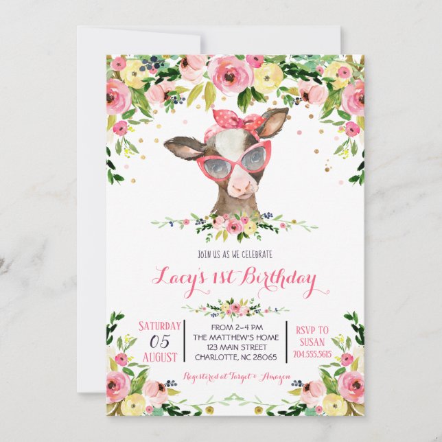 girl farm cow birthday invitation (Front)