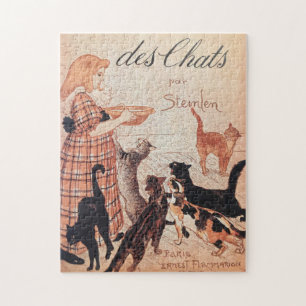 Girl Feeding Cats Vintage Steinlen Poster Jigsaw Puzzle