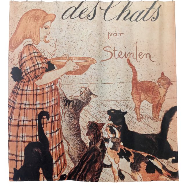Girl Feeding Cats Vintage Steinlen Poster Shower Curtain (Front)
