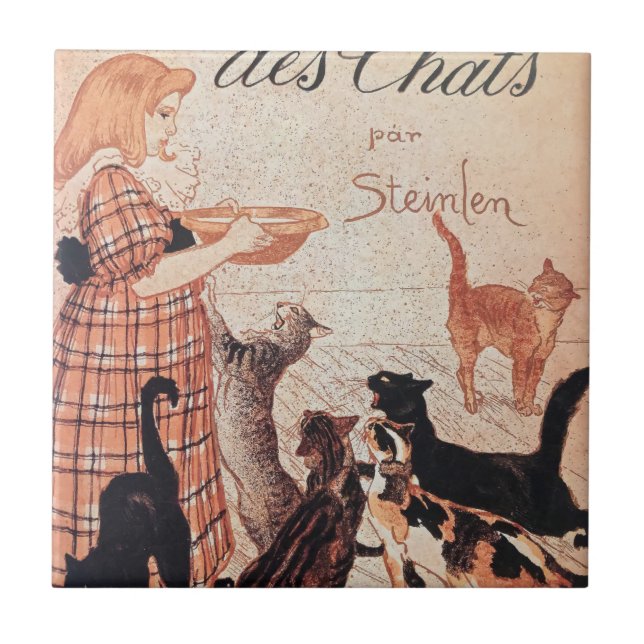 Girl Feeding Cats Vintage Steinlen Poster Tile (Front)