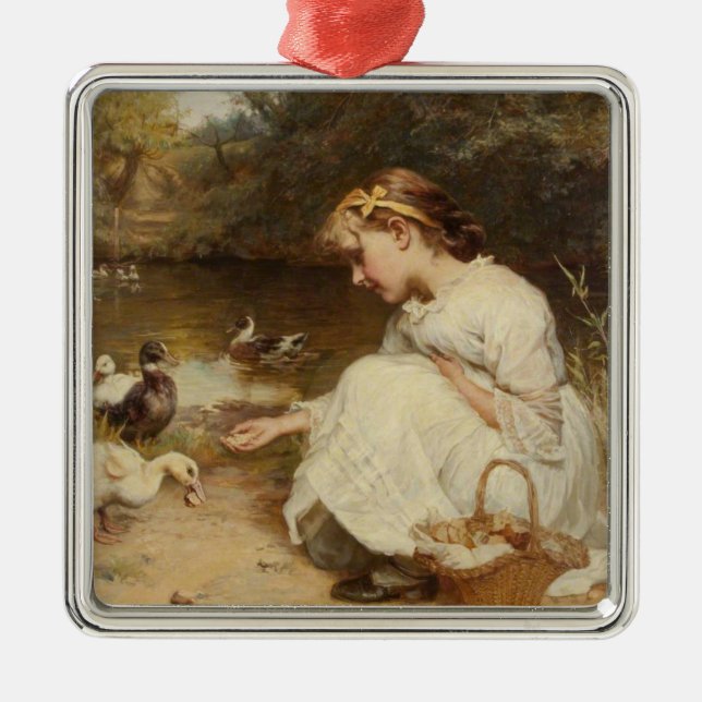 Girl Feeding Ducks (by Frederick Morgan) Metal Tree Decoration (Front)
