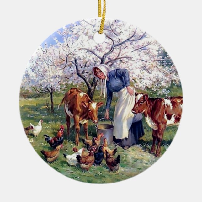 Girl Feeding Farm Animals Painting Ceramic Tree Decoration (Front)