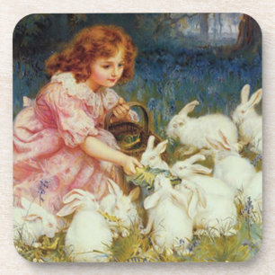 Girl feeding rabbites coaster
