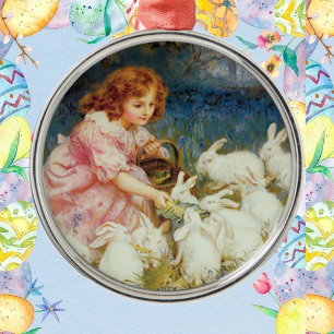 Girl feeding rabbites metal tree decoration