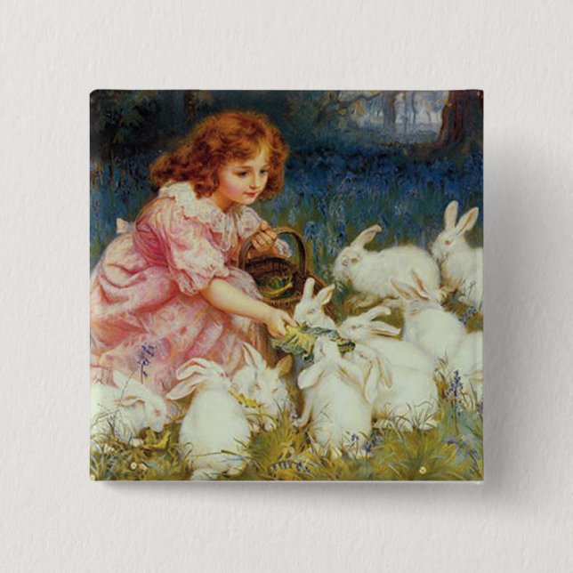 Girl feeding Rabbits 15 Cm Square Badge (Front)